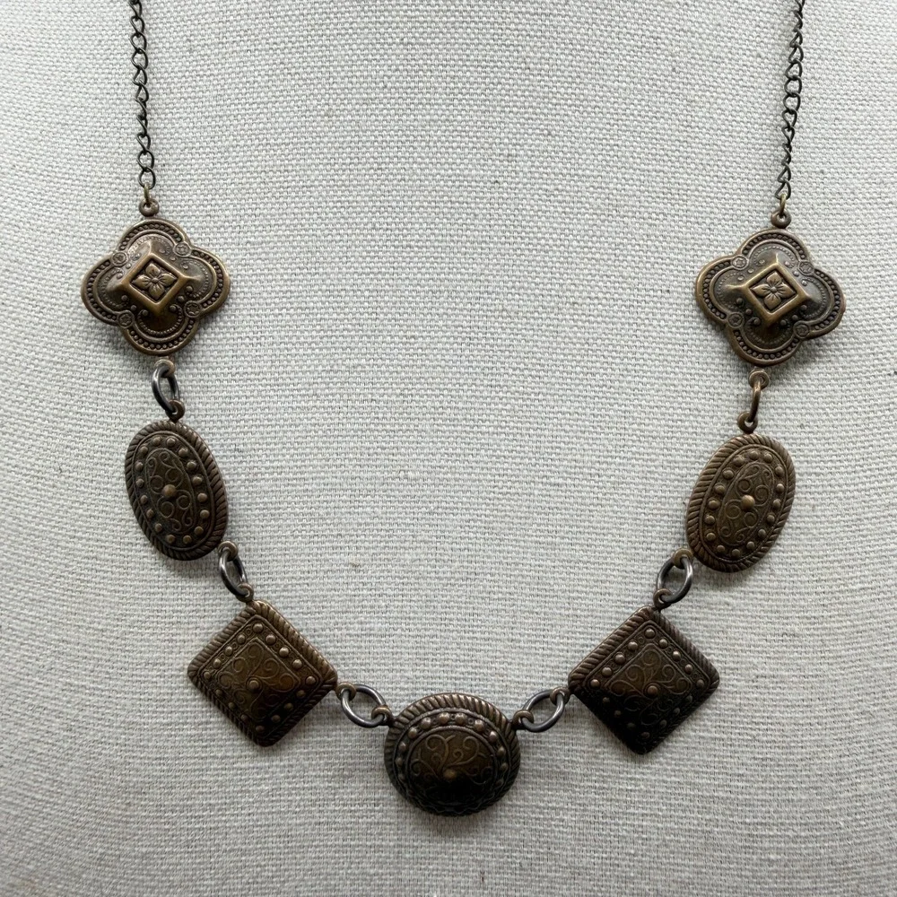 Bronze Tone Filigree Geometric Statement Necklace Boho Cottagecore Festival Gift